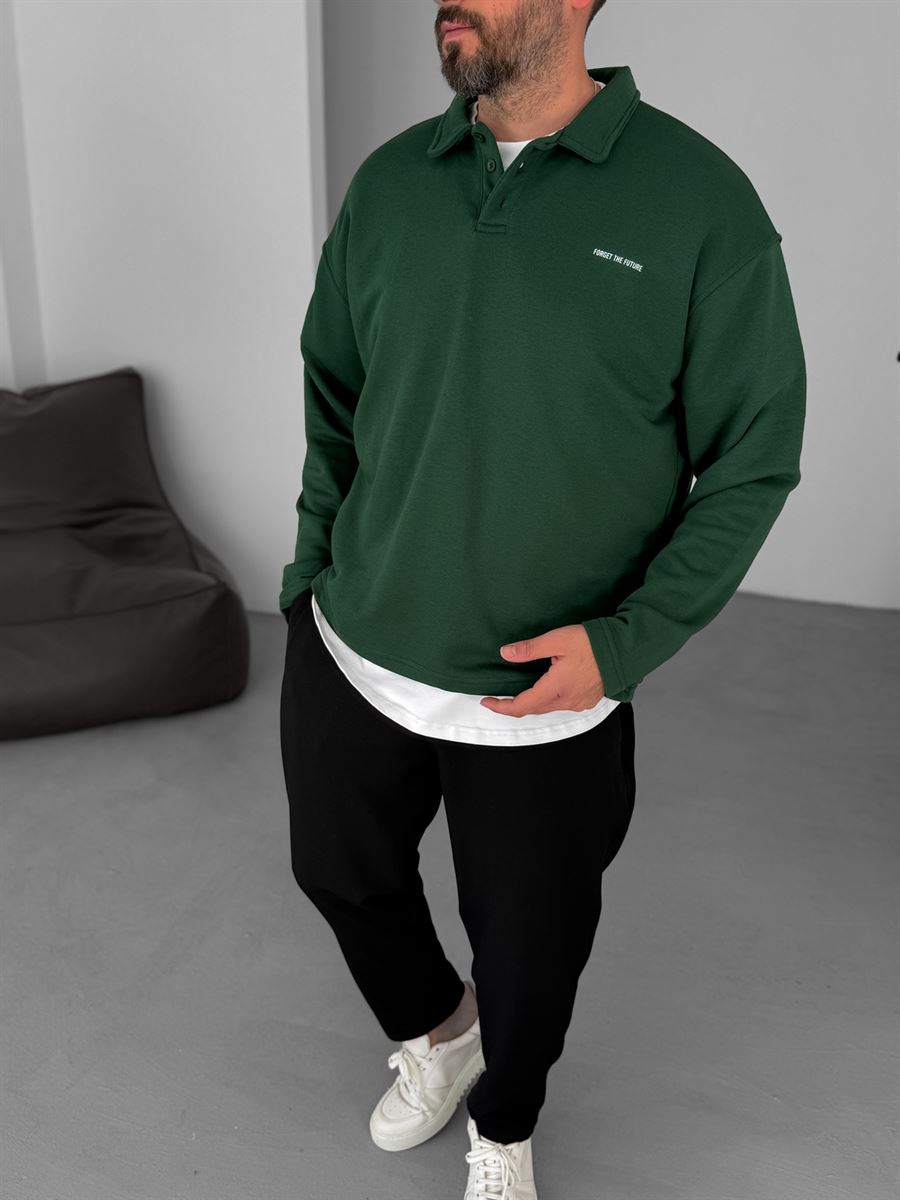 Koyu Yeşil Yakalı Düğmeli İnce Sweatshirt PM-155