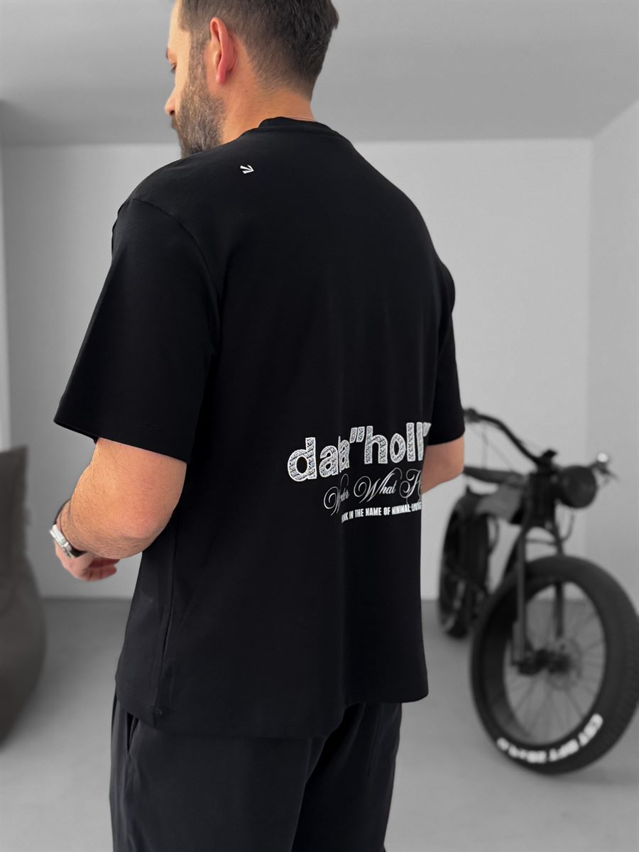 Siyah Data Hollow Nakışlı T-Shirt YP-5047