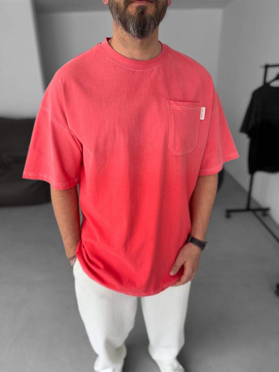 Nar Çiçeği Yıkamalı Cepli Oversize T-Shirt JJ-15