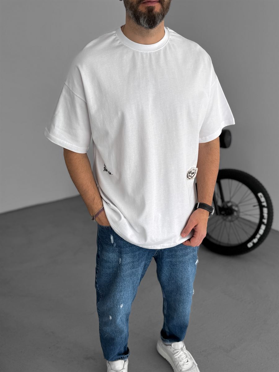 Beyaz Hasır Patchli Oversize T-Shirt JJ-11