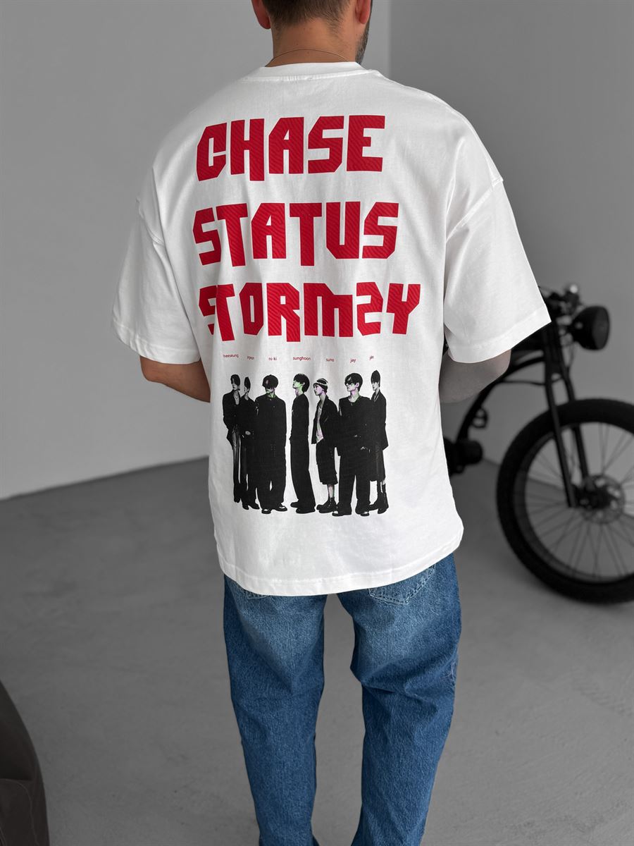 Beyaz Chase Baskılı Oversize T-Shirt JJ-88