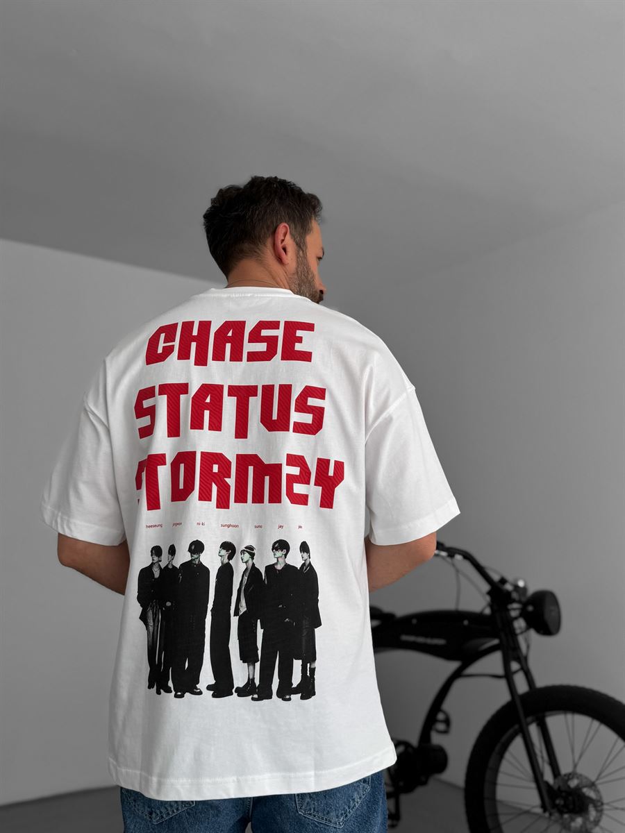 Beyaz Chase Baskılı Oversize T-Shirt JJ-88