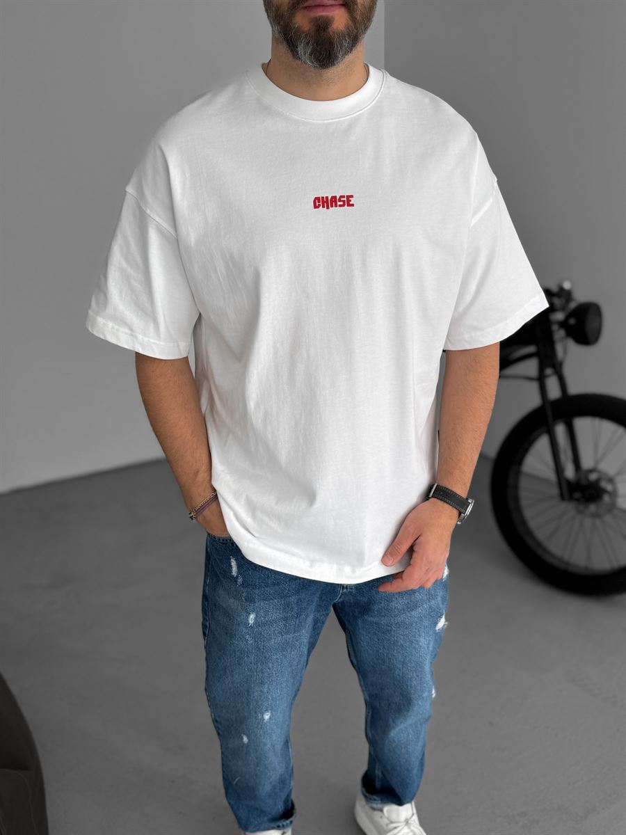 Beyaz Chase Baskılı Oversize T-Shirt JJ-88