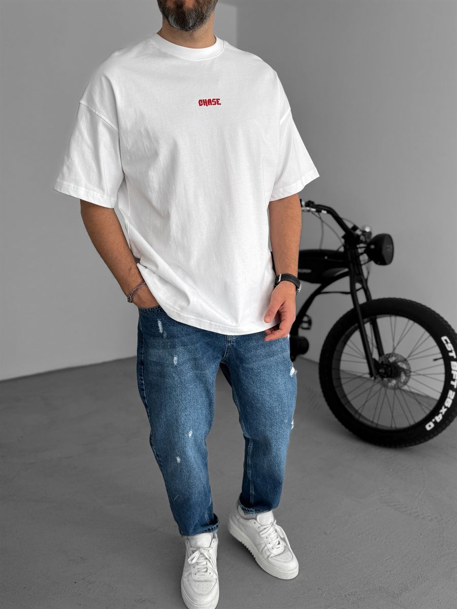 Beyaz Chase Baskılı Oversize T-Shirt JJ-88