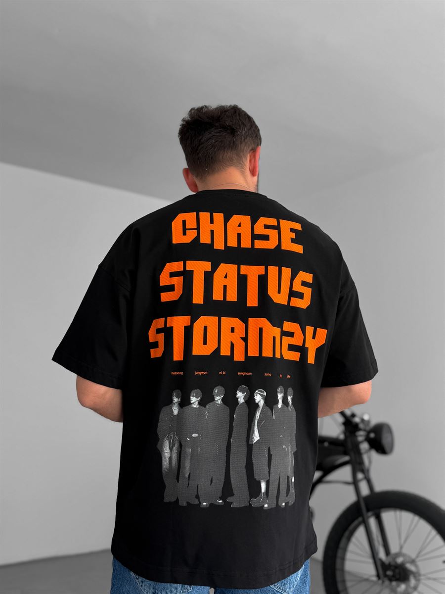 Siyah Chase Baskılı Oversize T-Shirt JJ-88