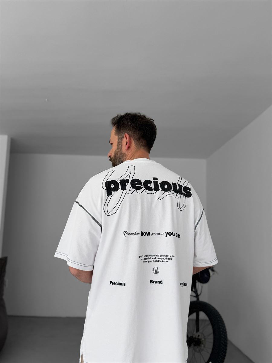 Beyaz Precious Baskılı Oversize T-Shirt JJ-177