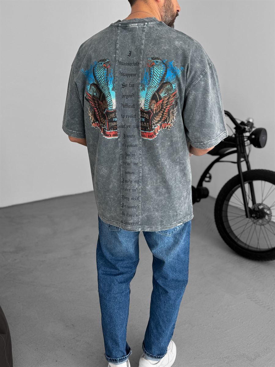 Gri Snake Baskılı Yıkamalı Oversize T-Shirt RES-5181