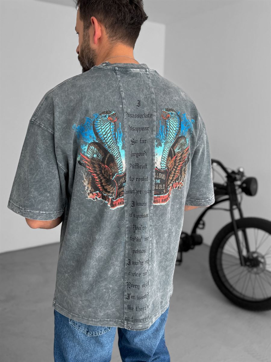 Gri Snake Baskılı Yıkamalı Oversize T-Shirt RES-5181