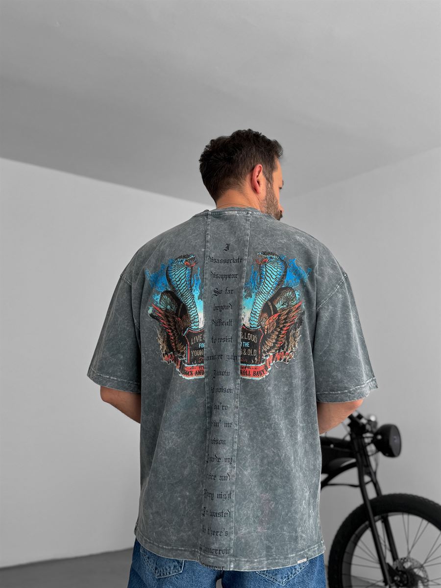 Gri Snake Baskılı Yıkamalı Oversize T-Shirt RES-5181