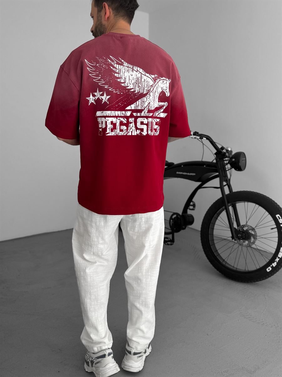 Bordo Pegasus Baskılı Yıkamalı Oversize T-Shirt RES-5192