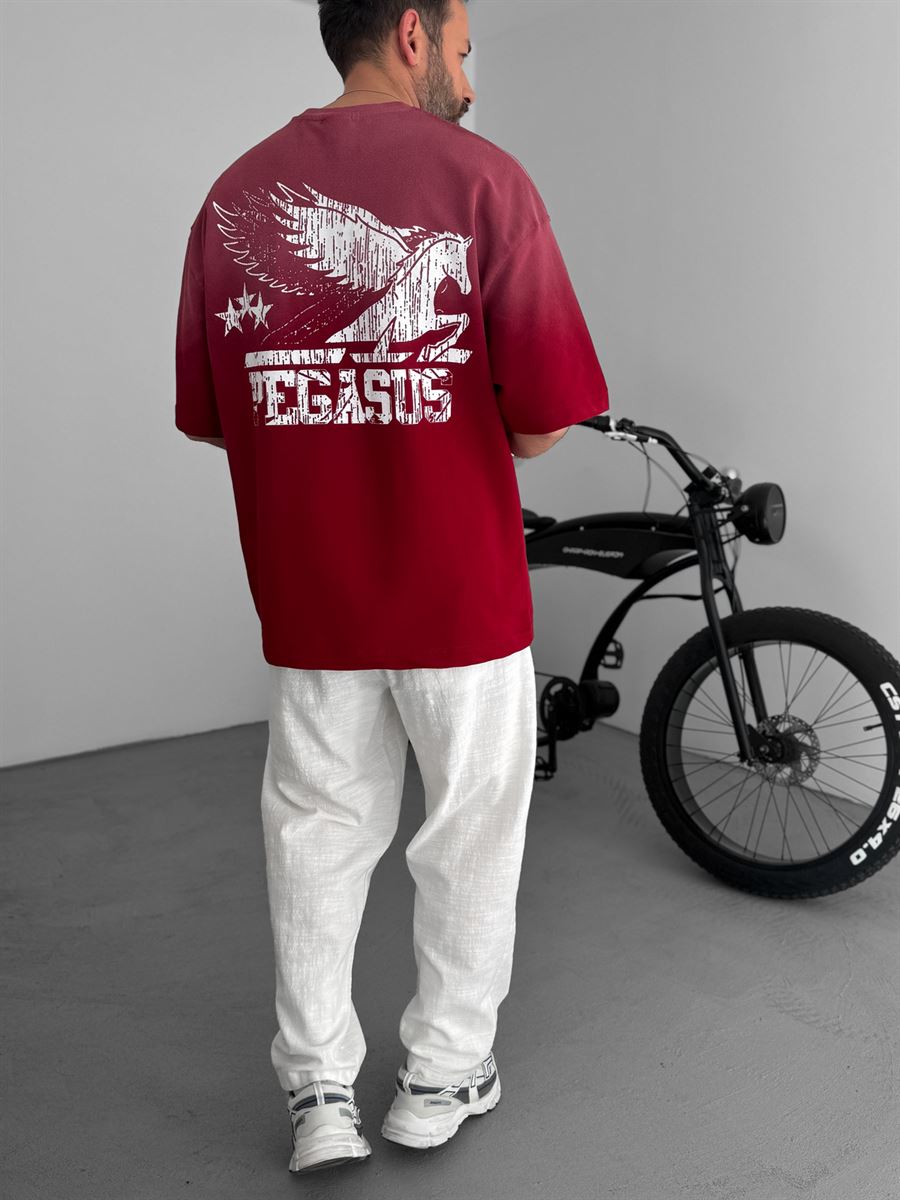 Bordo Pegasus Baskılı Yıkamalı Oversize T-Shirt RES-5192