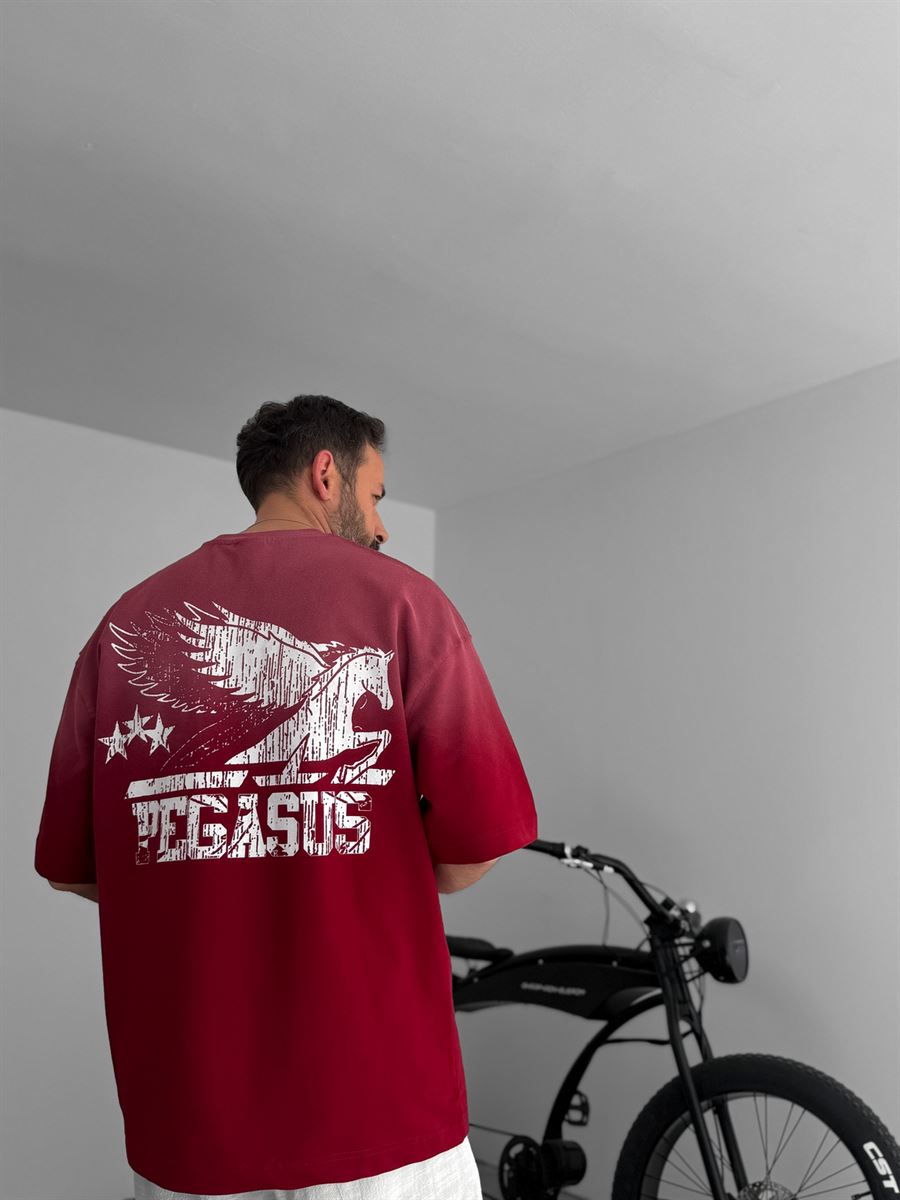 Bordo Pegasus Baskılı Yıkamalı Oversize T-Shirt RES-5192