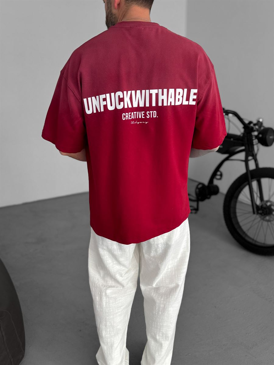 Bordo Yazı Baskılı Yıkamalı Oversize T-Shirt RES-5190