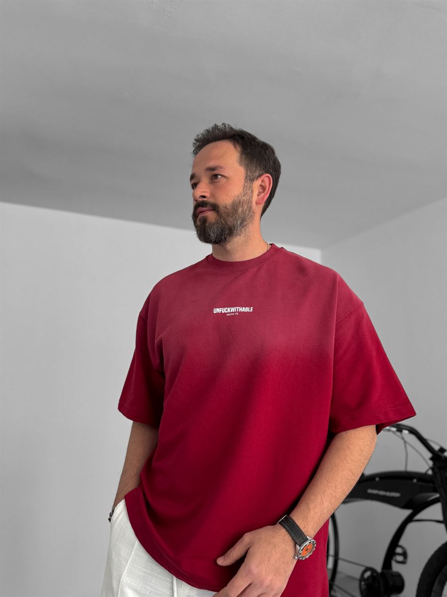 Bordo Yazı Baskılı Yıkamalı Oversize T-Shirt RES-5190