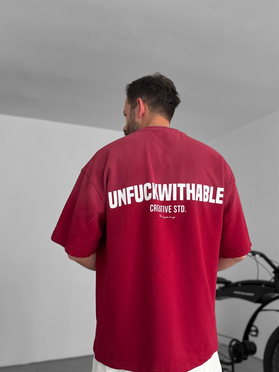 Bordo Yazı Baskılı Yıkamalı Oversize T-Shirt RES-5190