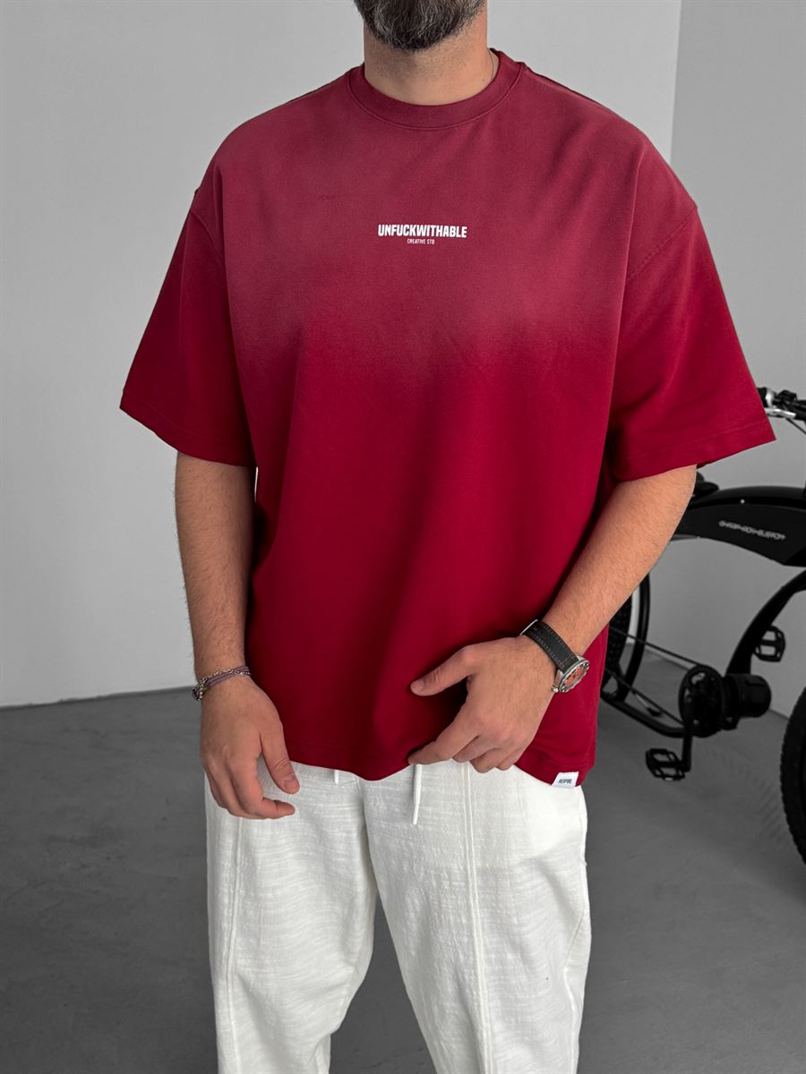 Bordo Yazı Baskılı Yıkamalı Oversize T-Shirt RES-5190