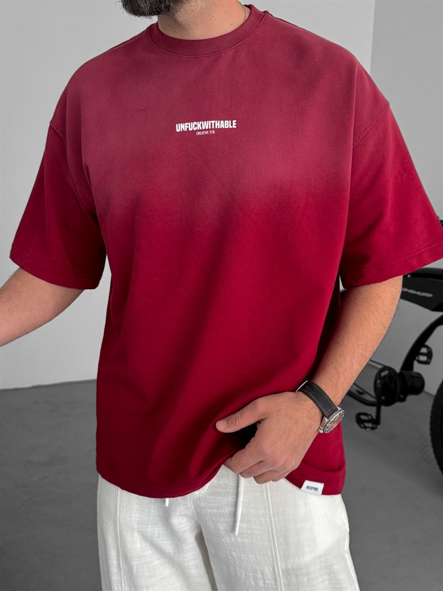 Bordo Yazı Baskılı Yıkamalı Oversize T-Shirt RES-5190